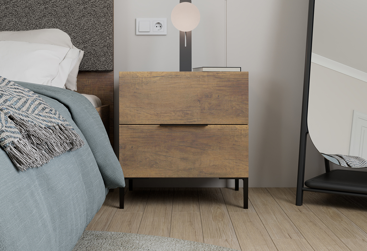 Απεικονίζεται το κομοδίνο σε υπνοδωμάτιο, δίπλα σε κρεβάτι και καθρέφτη.